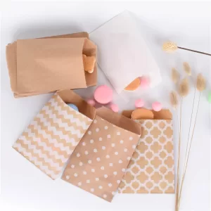 50pcs Kraft Paper Candy Bags with Wave Dot Pattern | 15x10cm Recyclable Biscuit Snack Popcorn Pouches | Food-Safe Biodegradable Birthday Wrapping Packaging Supplies with Stickers