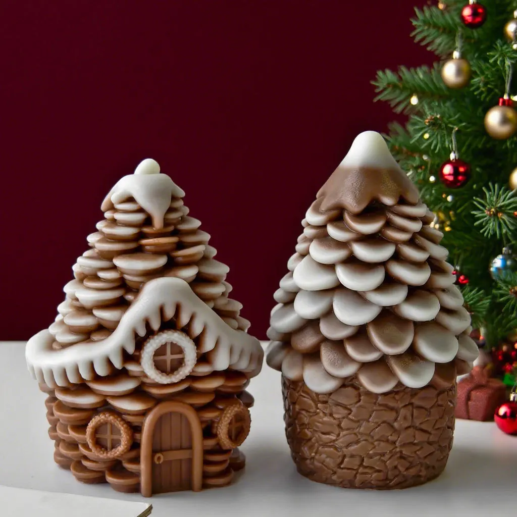 DIY Christmas Candle Mold Pinecone Snow House Silicone Mold for Handmade Soy Wax Candles, Aroma Plaster, Resin Crafts, Creative Holiday Candle Making and Decorative Craft Supplies for Home and Gift
