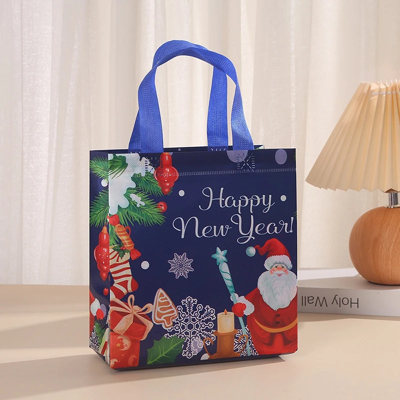 2Pcs Dark Blue Christmas Gift Bags | Cartoon Santa Elk Printed Non-Woven Handbags | Foldable High-Capacity Storage Bags for Holiday Party Gift Packaging