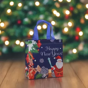 2Pcs Dark Blue Christmas Gift Bags | Cartoon Santa Elk Printed Non-Woven Handbags | Foldable High-Capacity Storage Bags for Holiday Party Gift Packaging