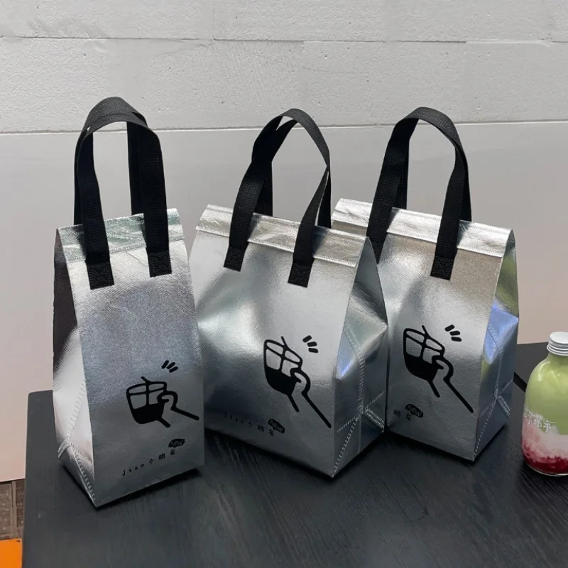 10pcs Silver Non-Woven Insulated Tote Bags, Reusable Fabric Pouches for Bread, Drinks, Food, Lunch, Grocery, Delivery, Picnic, Thermal Storage, Keep Warm or Cold, Eco-Friendly Durable Carrier - 图片 3