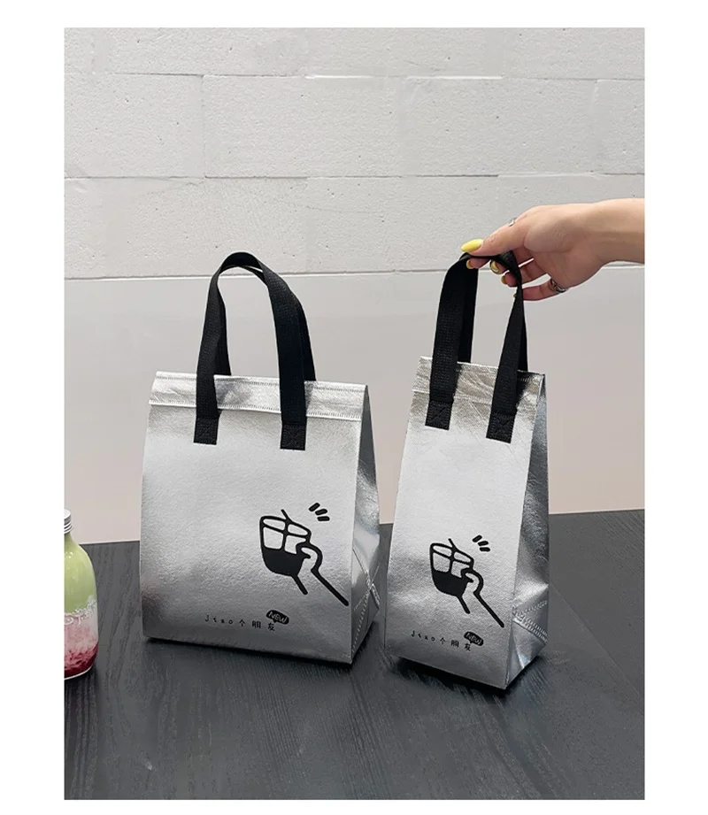 10pcs Silver Non-Woven Insulated Tote Bags, Reusable Fabric Pouches for Bread, Drinks, Food, Lunch, Grocery, Delivery, Picnic, Thermal Storage, Keep Warm or Cold, Eco-Friendly Durable Carrier 9