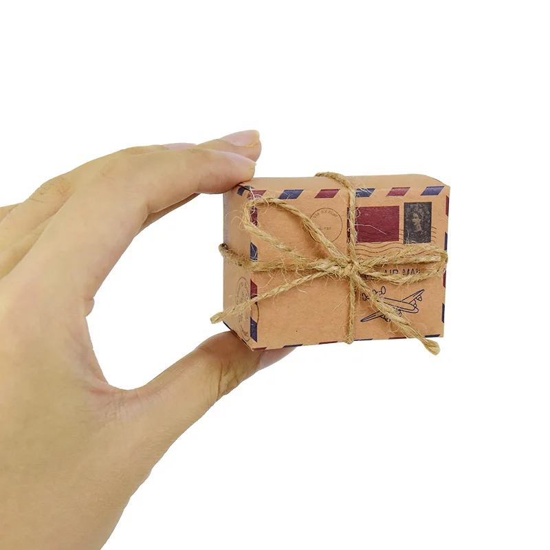 10P Mini Suitcase Candy Boxes with Rope Travel Theme Stamp Decor Kraft Paper Drawable Boxes for Wedding Birthday Gift Packaging DIY Party Favor Travel-Themed Supplies