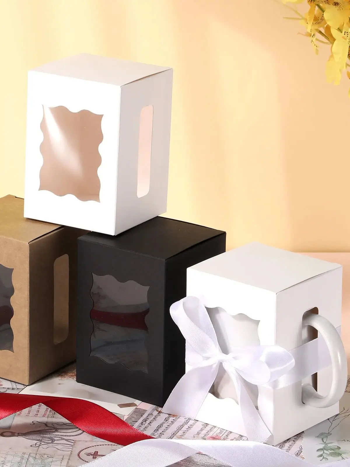 12PCS Mug Gift Boxes with 1 Roll Ribbon – Transparent Gift Packaging Box for Wrapping 11-12oz Sublimation Mugs, Mugs, and Wine Bottles, Ideal for Gifting and Customization