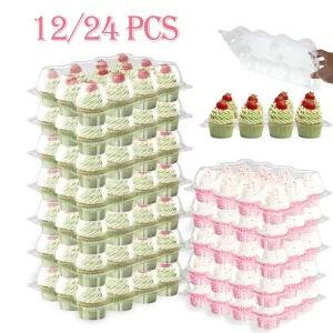 12/24Pcs 12-Hole Clear Plastic Cupcake Containers with Detachable Lids, Stackable Food-Grade Cake Boxes, Transparent Cupcake and Muffin Holders for Party, Wedding, Birthday, Bakery, and Event Supplies