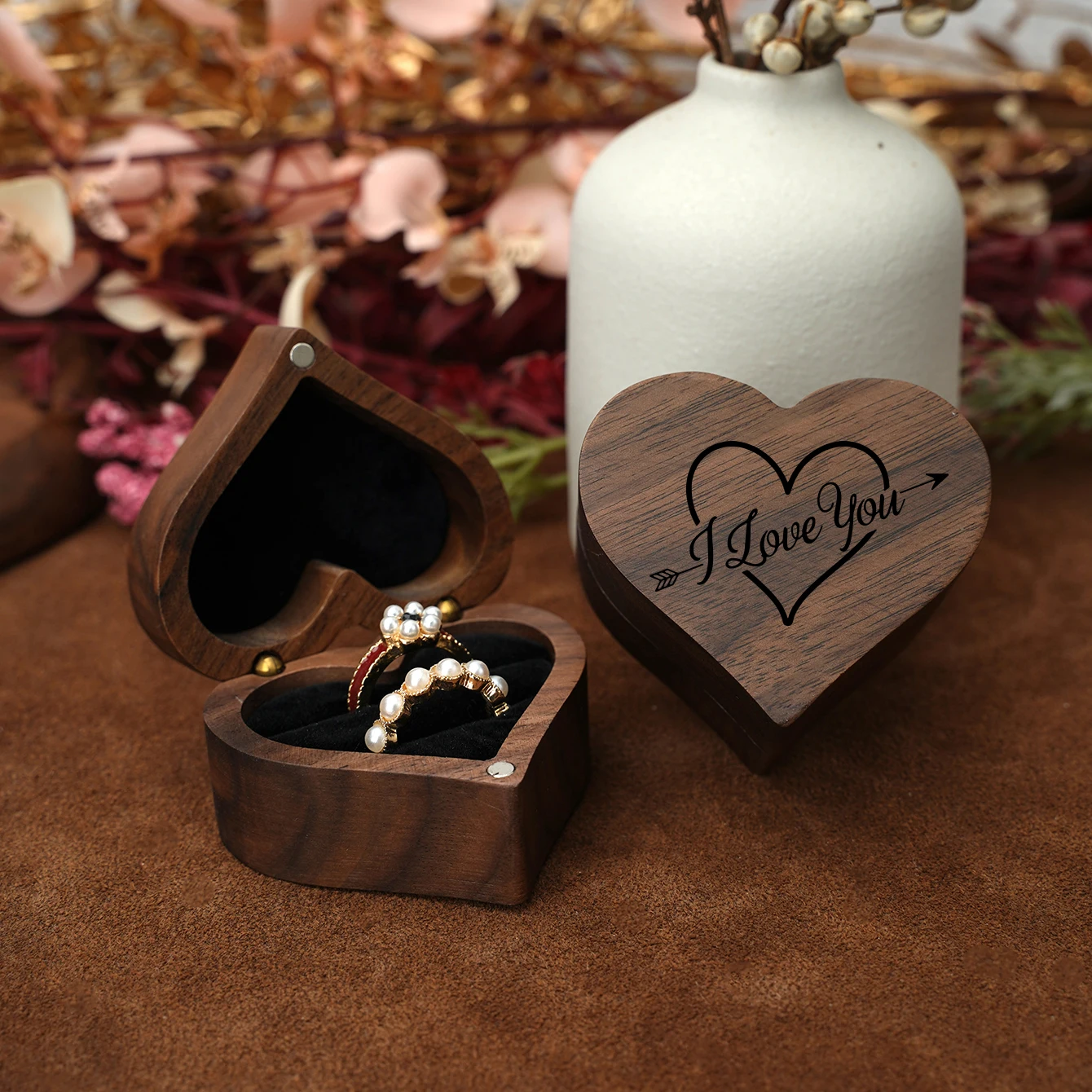 Vintage Walnut Heart-Shaped Wooden Jewelry Ring Box Magnetic Organizer with Drawer Velvet Interior Rustic Wedding Engagement Gift Packaging Storage Case for Rings and Accessories 2