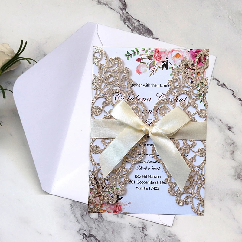 10PCS Laser Cut Blue Glitter Wedding Invitations with Ribbon – Elegant Gold Glitter Greeting Cards for XV Birthday, Bridal Shower, Engagement, Anniversary, or Party Decoration Supplies