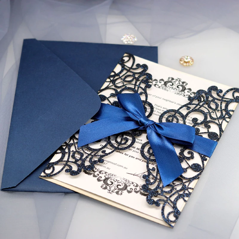10PCS Laser Cut Blue Glitter Wedding Invitations with Ribbon – Elegant Gold Glitter Greeting Cards for XV Birthday, Bridal Shower, Engagement, Anniversary, or Party Decoration Supplies