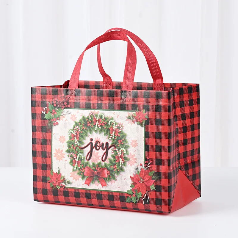 New Plaid Christmas Candy Gift Bags | Cute Santa Claus & Snowman Pattern Non-Woven Handbag | Waterproof Reusable Holiday Gift Packaging Tote for Xmas Party Supplies Decorations - 图片 35