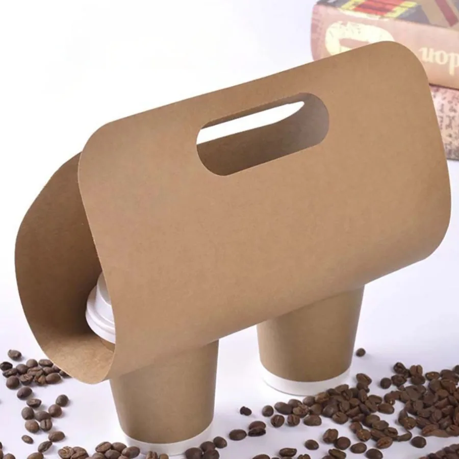50/100Pcs Kraft Paper Cup Holders Portable Beverage Coffee Tea Milk Mug Base Handle Holders Takeaway Drink Packaging 80mm Disposable Eco-Friendly Cup Carrier Accessories