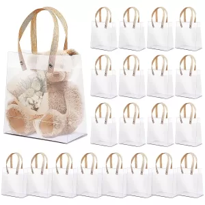 20PCS Frosted Holiday Gift Bags with Handles – Eco-Friendly Transparent Tote Packaging for Birthday, Anniversary, Party, Candy, and Holiday Gift Wrapping, Reusable Companion Shopping Bag