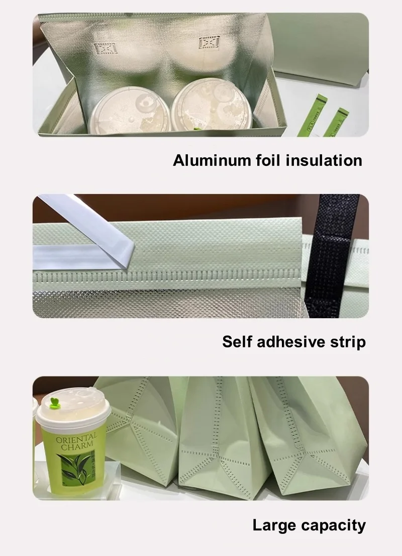 10pcs Green Non-Woven Insulated Tote Bags – Portable Reusable Meal Carrier Pouches for Lunch, Snacks, Drinks, Grocery, Delivery, Picnic, Hot or Cold Food Storage for Work, School, Travel 7