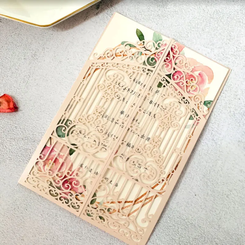50PCS Laser Cut Wedding Gate Invitations – Elegant Pink and Gold Engagement Greeting Cards with Customizable Printing, Perfect for Bridal Shower, Anniversary, Birthday, Banquet, and Party Supplies - 图片 5