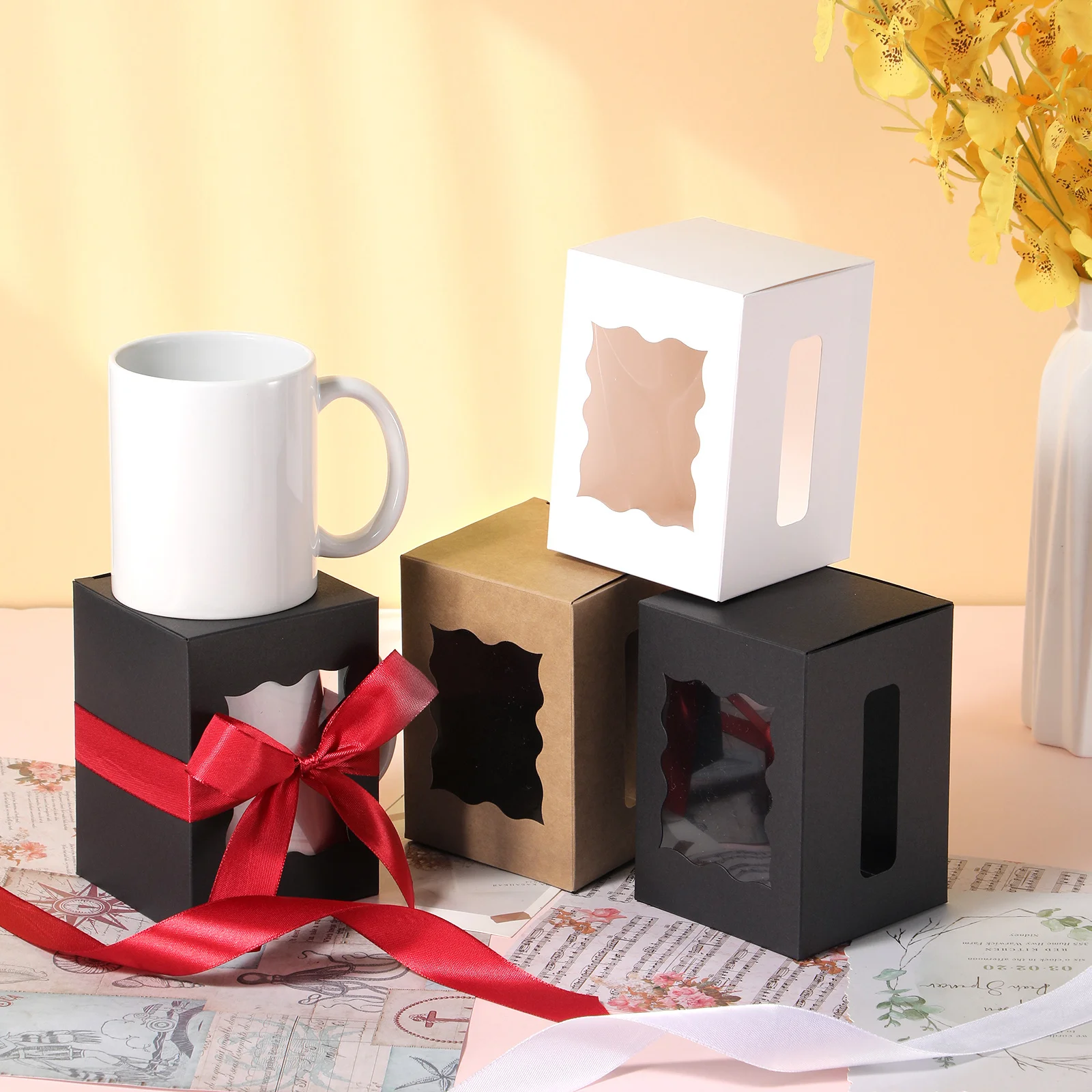 12PCS Mug Gift Boxes with 1 Roll Ribbon – Transparent Gift Packaging Box for Wrapping 11-12oz Sublimation Mugs, Mugs, and Wine Bottles, Ideal for Gifting and Customization