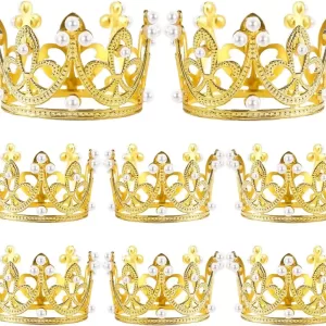 5/25Pcs Mini Golden Plastic Crowns for Craft Decoration, Cake Decor, Princess Queen Crown Party Supplies, Wedding Favor Accessories, Pearl Embellished Mini Crowns for Birthday, DIY and Event Decoration