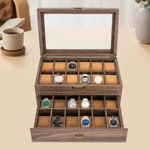 24-Slot Watch Box Organizer PU Leather Display Case with Glass Lid, Two-Tier Jewelry Storage Case with Soft Pillows for Men, Elegant Rustic Brown Watch Packaging Organizer for Dresser and Gift