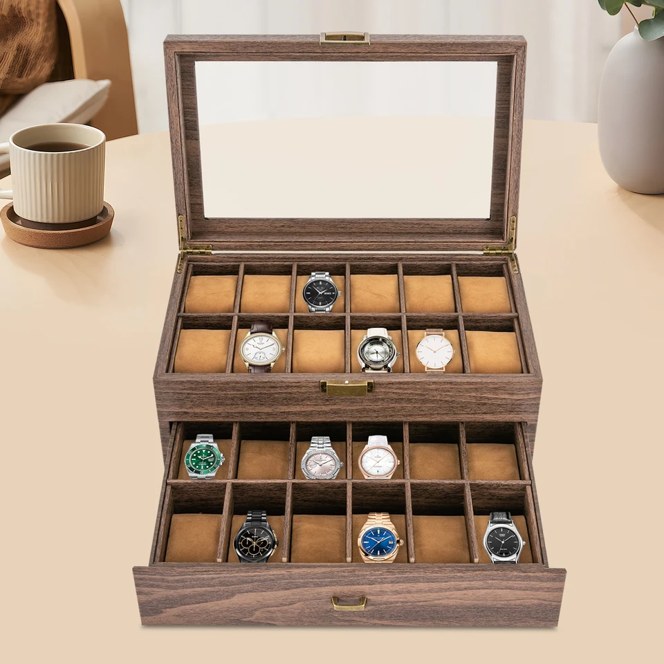 24-Slot Watch Box Organizer PU Leather Display Case with Glass Lid, Two-Tier Jewelry Storage Case with Soft Pillows for Men, Elegant Rustic Brown Watch Packaging Organizer for Dresser and Gift - 图片 7