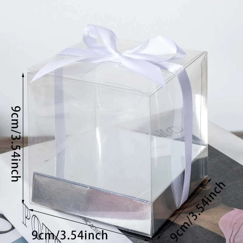 12Pcs PET Square Transparent Cupcake and Cake Boxes with Decorative Ribbons, Clear Plastic Dessert Containers for Wedding, Birthday, Party, Baking, Gift Packaging, and DIY Treat Presentation 2