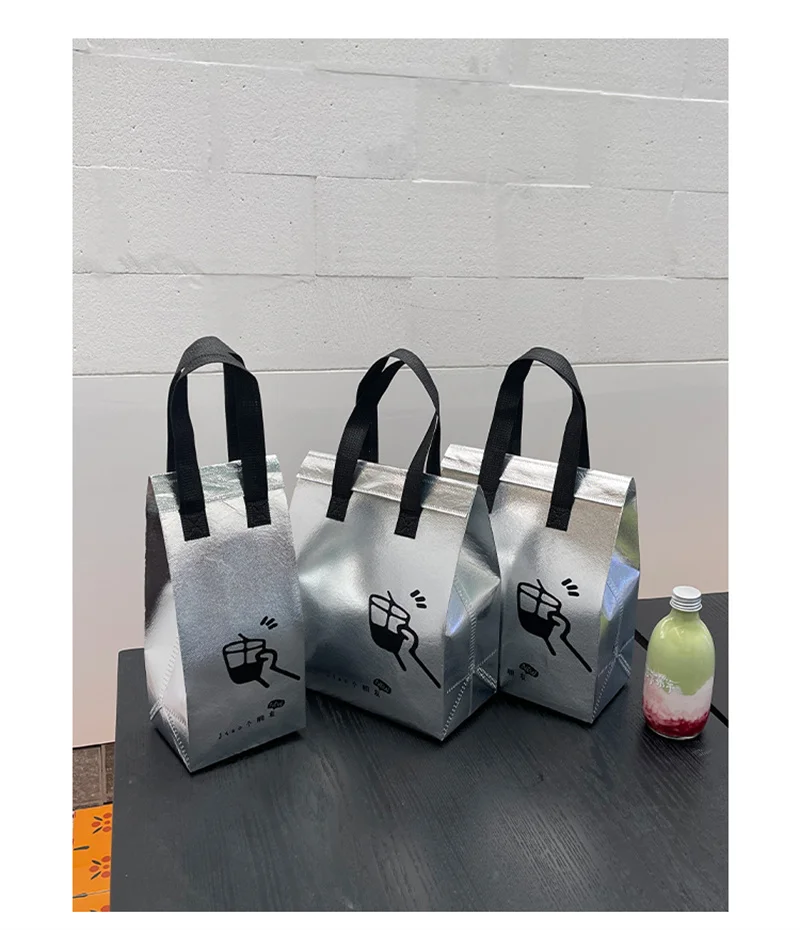 10pcs Silver Non-Woven Insulated Tote Bags, Reusable Fabric Pouches for Bread, Drinks, Food, Lunch, Grocery, Delivery, Picnic, Thermal Storage, Keep Warm or Cold, Eco-Friendly Durable Carrier 11