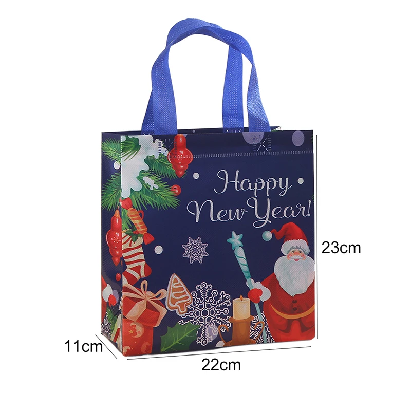 2Pcs Dark Blue Christmas Gift Bags | Cartoon Santa Elk Printed Non-Woven Handbags | Foldable High-Capacity Storage Bags for Holiday Party Gift Packaging 8