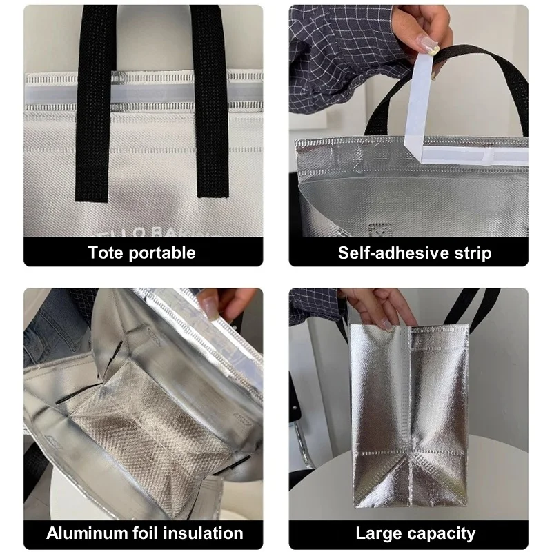 10pcs Grey/Silver Non-Woven Insulated Tote Bags – Portable Reusable Fabric Pouches for Food, Snacks, and Beverages, Thermal Carrier Keeps Hot or Cold, Perfect for Delivery, Picnic, Grocery, Work, School - 图片 3