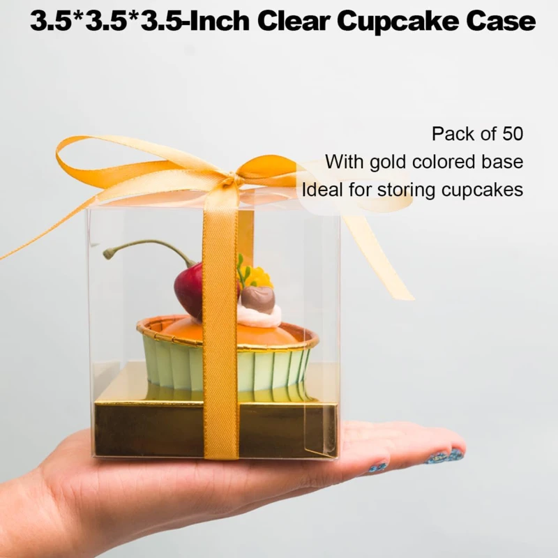12Pcs PET Square Transparent Cupcake and Cake Boxes with Decorative Ribbons, Clear Plastic Dessert Containers for Wedding, Birthday, Party, Baking, Gift Packaging, and DIY Treat Presentation - 图片 5