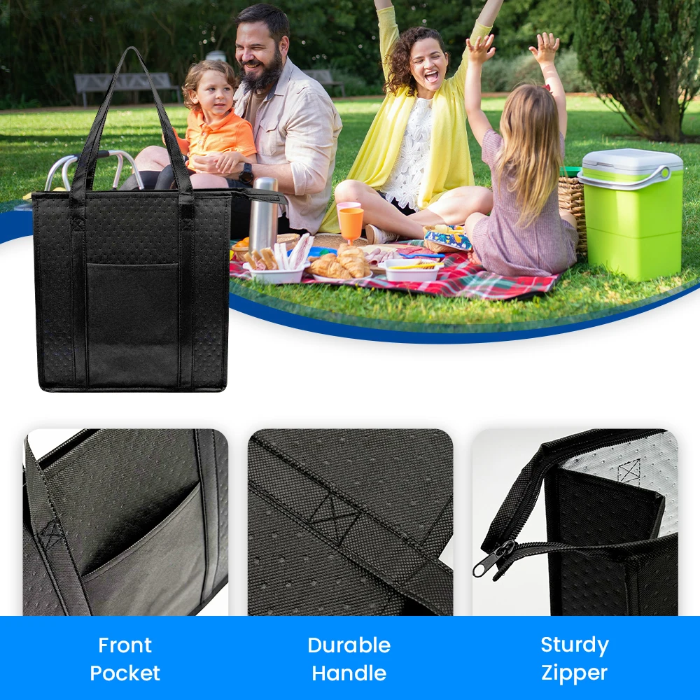 1pc Thermal Insulated Cooler Bag Textured Non-Woven Fabric with Front Pocket and Zipper Closure, Portable Lunch Tote for Camping, Picnic, Travel, Outdoor Food and Drink Storage