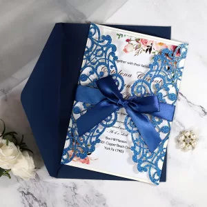 10PCS Laser Cut Blue Glitter Wedding Invitations with Ribbon – Elegant Gold Glitter Greeting Cards for XV Birthday, Bridal Shower, Engagement, Anniversary, or Party Decoration Supplies