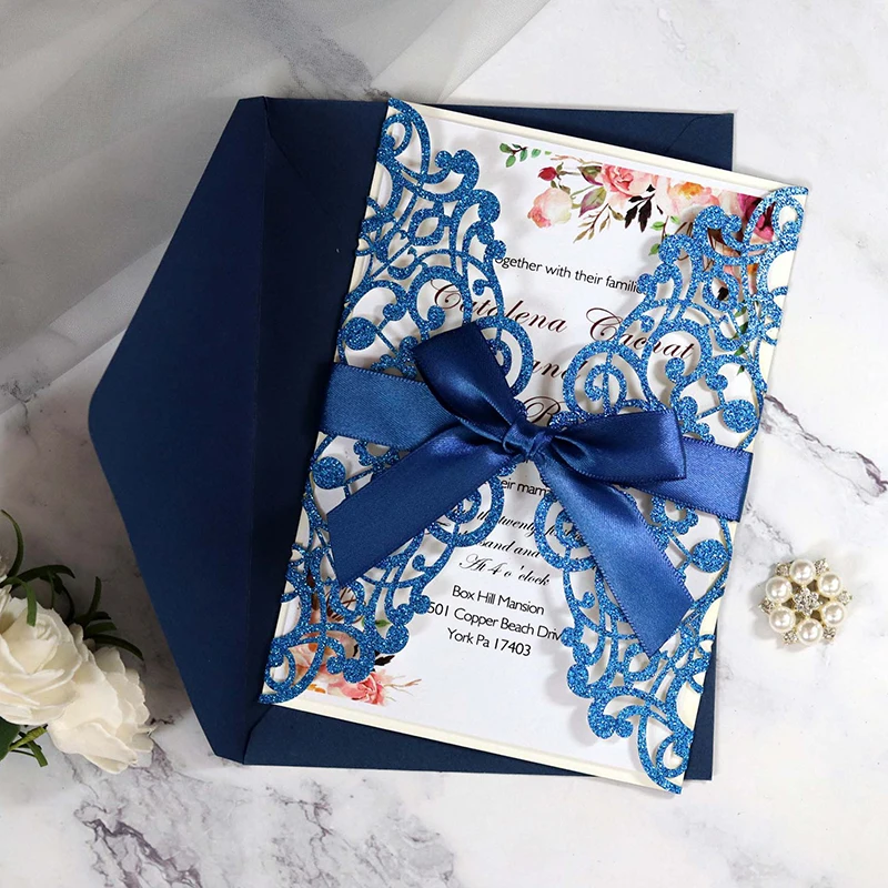 10PCS Laser Cut Blue Glitter Wedding Invitations with Ribbon – Elegant Gold Glitter Greeting Cards for XV Birthday, Bridal Shower, Engagement, Anniversary, or Party Decoration Supplies