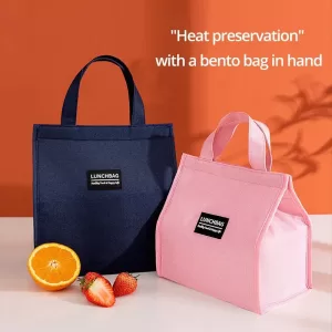 1pc Blue Grey Pink Portable Insulated Lunch Bag with Aluminum Foil Lining, Waterproof Food Storage Tote for Rice, Snacks, Picnic, Travel, Office, School, Reusable Thermal Lunch Box Carrier