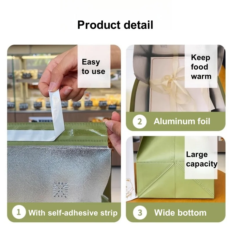 10pcs Green Insulated Tote Bags Non Woven Fabric Reusable Shopping Bags for Food Delivery Hot and Cold Storage, Cake and Baking Packaging, Lunch Grocery Carrier Eco Friendly Storage Pouches 5