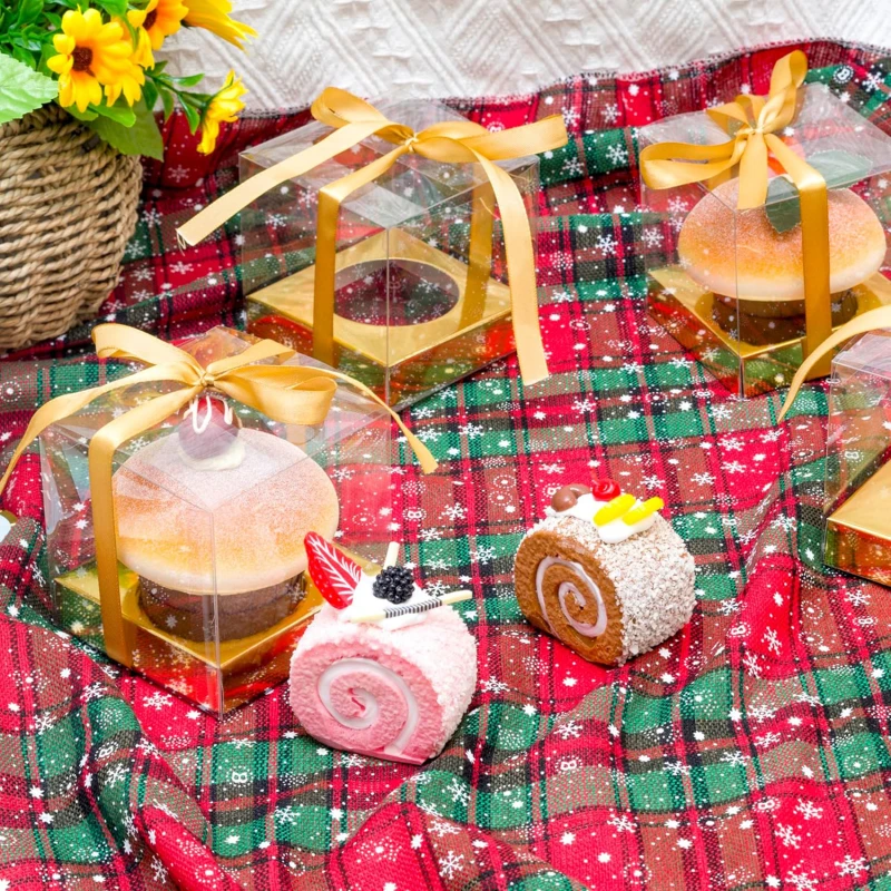 12Pcs PET Square Transparent Cupcake and Cake Boxes with Decorative Ribbons, Clear Plastic Dessert Containers for Wedding, Birthday, Party, Baking, Gift Packaging, and DIY Treat Presentation - 图片 4