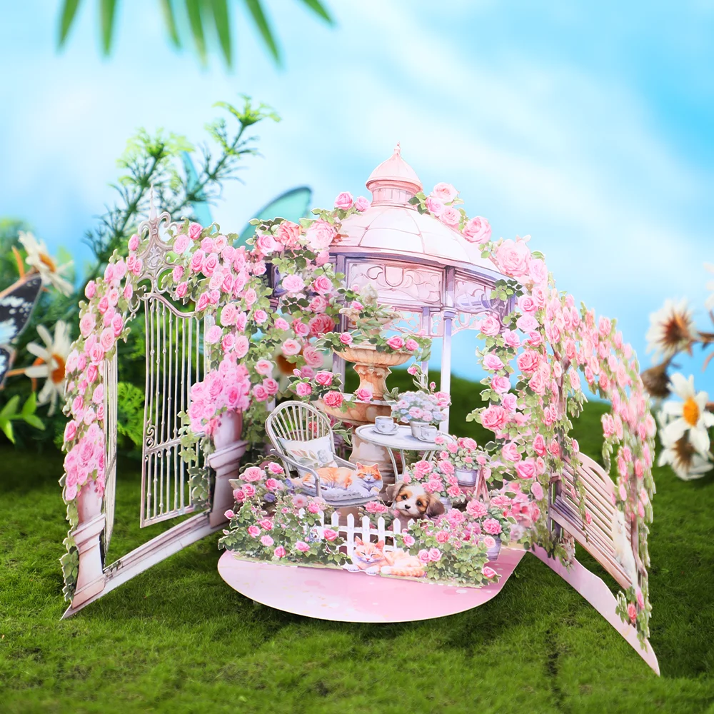 Pink Rose Garden Pop-Up Greeting Card – 3D Flower Birthday Anniversary Gift for Lover, Mom, Teacher or Friend, Spring Pop Up Card with Cozy Kitten Design, Romantic Keepsake for Special Celebrations