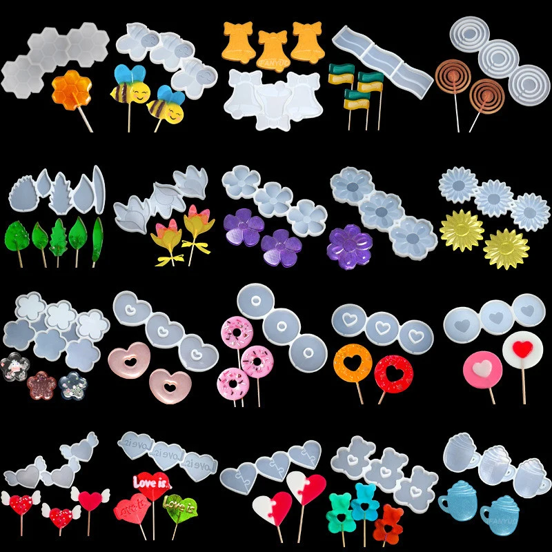 Leaf Flower Heart Bear Shape Silicone Lollipop Mold Round Chocolate Candy Cheese Baking Mould Fondant Cake Decorating Tools Dessert Cupcake Topper Tray Kitchen Pastry DIY Baking Accessories