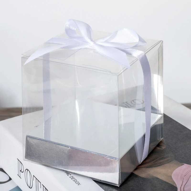 12Pcs PET Square Transparent Cupcake and Cake Boxes with Decorative Ribbons, Clear Plastic Dessert Containers for Wedding, Birthday, Party, Baking, Gift Packaging, and DIY Treat Presentation 12