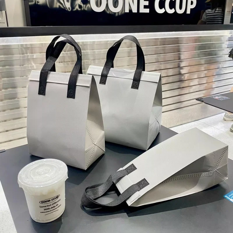 10pcs Grey Non-Woven Insulated Tote Bags – Portable Reusable Fabric Pouches for Food, Drinks, Snacks, and Meals, Thermal Carrier Keeps Hot or Cold, Ideal for Delivery, Picnic, Grocery, Work, School 10