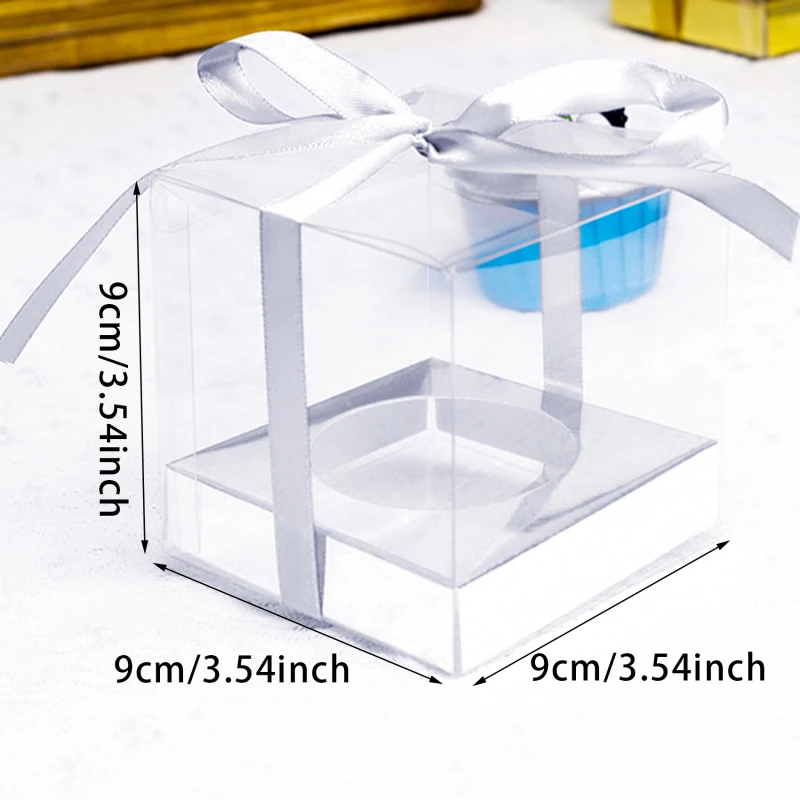 12Pcs PET Square Transparent Cupcake and Cake Boxes with Decorative Ribbons, Clear Plastic Dessert Containers for Wedding, Birthday, Party, Baking, Gift Packaging, and DIY Treat Presentation - 图片 7
