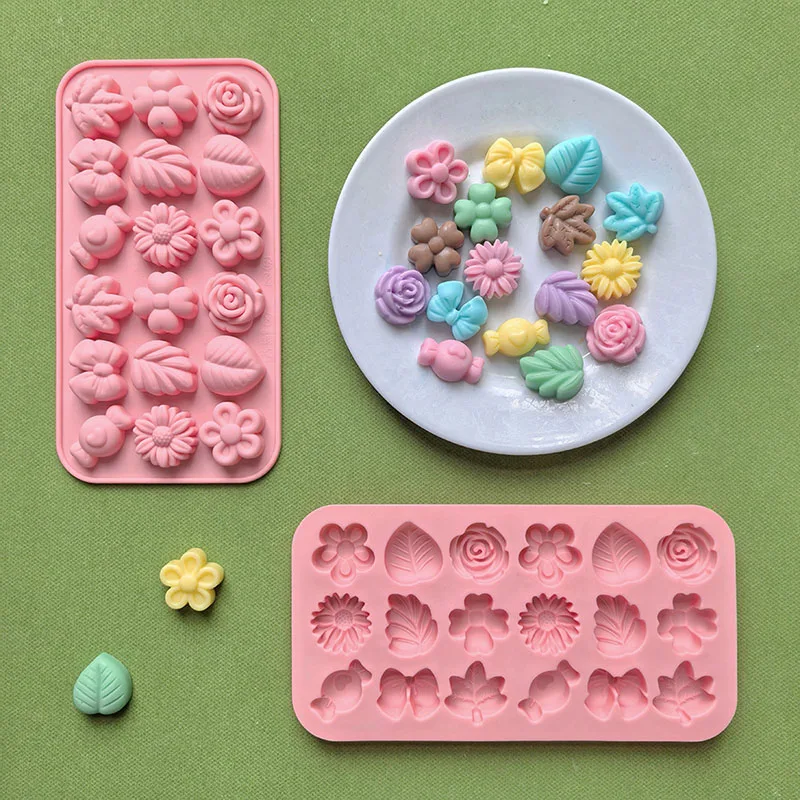 Flower Candy Silicone Mold Daisy Rose Leaf Bow Shape Chocolate Mold Ice Cube Tray 3D Floral Cookie Wax Melt Cake Cupcake Fondant Baking Decoration Moulds for Kitchen DIY Crafts