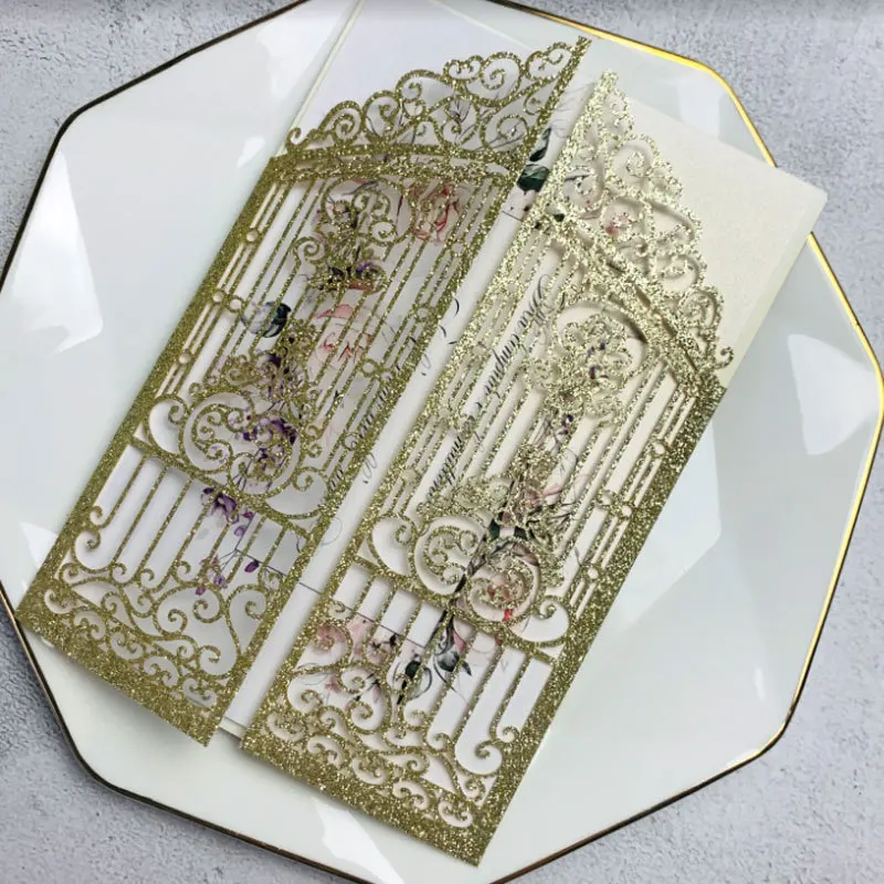 50PCS Laser Cut Wedding Gate Invitations – Elegant Pink and Gold Engagement Greeting Cards with Customizable Printing, Perfect for Bridal Shower, Anniversary, Birthday, Banquet, and Party Supplies - 图片 12