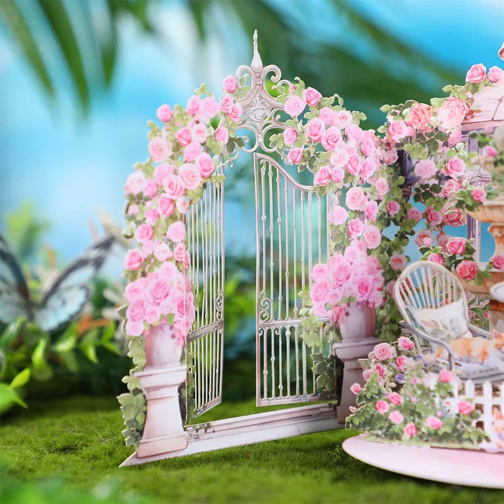 Pink Rose Garden Pop-Up Greeting Card – 3D Flower Birthday Anniversary Gift for Lover, Mom, Teacher or Friend, Spring Pop Up Card with Cozy Kitten Design, Romantic Keepsake for Special Celebrations