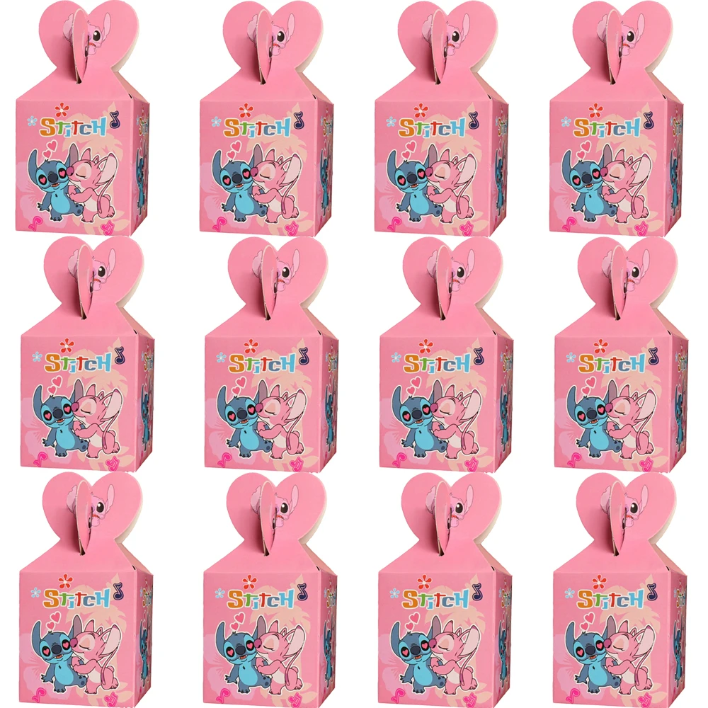 12Pcs Lilo & Stitch Pink Angel Candy Boxes Popcorn Box Cookies Chocolate Snack Boxes for Baptism Party Gift Bags Supplies Baby Shower Birthday Celebration Favors Decorative Packaging Accessories