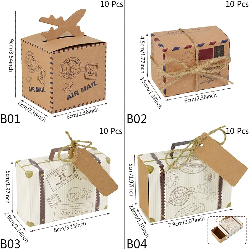 10P Mini Suitcase Candy Boxes with Rope Travel Theme Stamp Decor Kraft Paper Drawable Boxes for Wedding Birthday Gift Packaging DIY Party Favor Travel-Themed Supplies