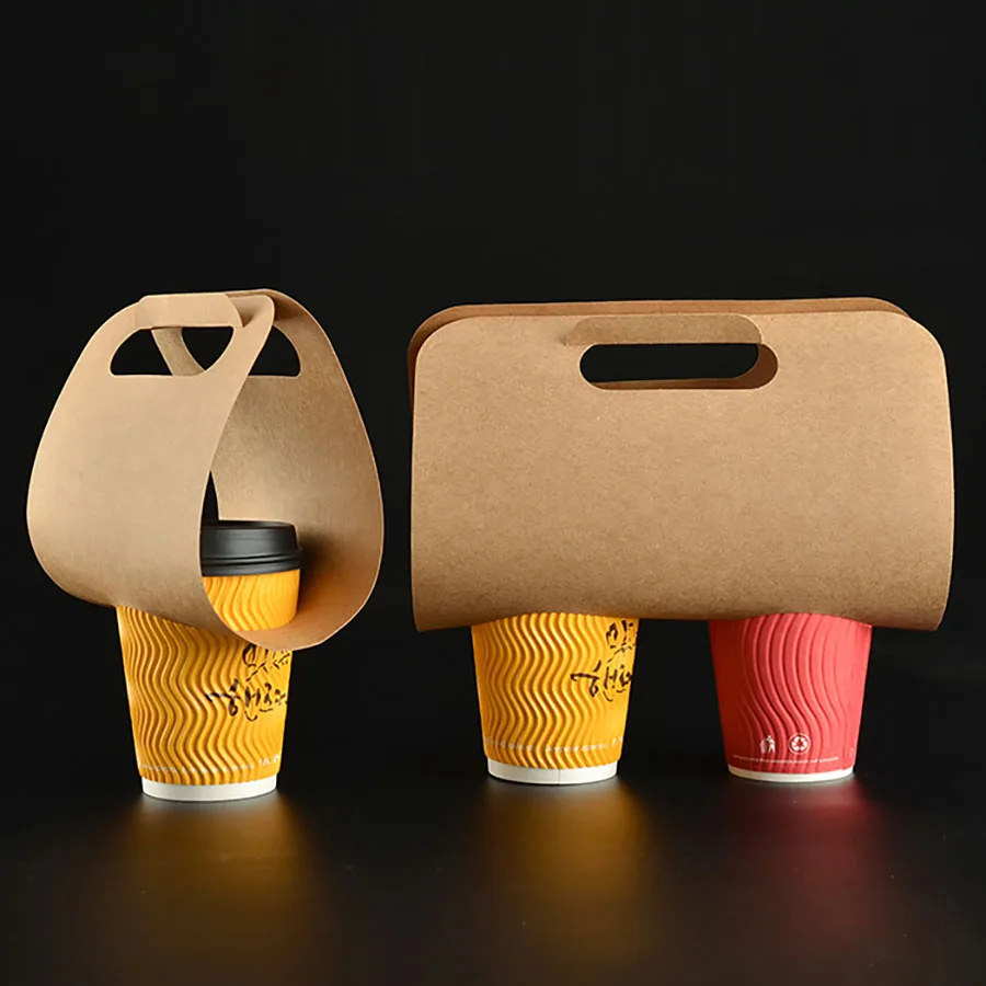 50/100Pcs Kraft Paper Cup Holders Portable Beverage Coffee Tea Milk Mug Base Handle Holders Takeaway Drink Packaging 80mm Disposable Eco-Friendly Cup Carrier Accessories