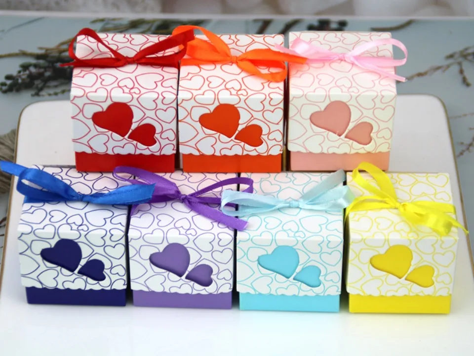 50Pcs Double Love Heart Candy Gift Boxes with Ribbon Wedding Favor Boxes Party Packaging Bags for Chocolate Cookies Small Gifts Birthday Baby Shower Anniversary Engagement Decoration Supplies