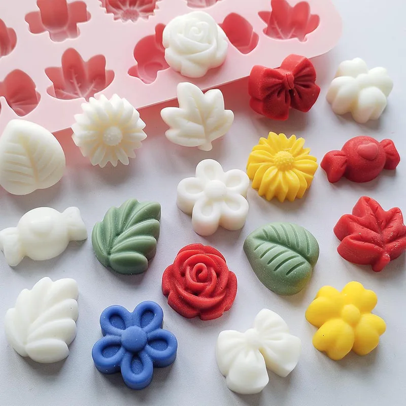 Flower Candy Silicone Mold Daisy Rose Leaf Bow Shape Chocolate Mold Ice Cube Tray 3D Floral Cookie Wax Melt Cake Cupcake Fondant Baking Decoration Moulds for Kitchen DIY Crafts