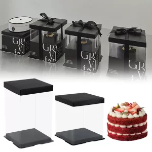 20/28cm Transparent Gift Boxes with Artificial Rose Flower and Bear Design, Clear PVC Cake Packaging Box for Wedding Birthday Party Dessert Present Decoration DIY Favor Storage