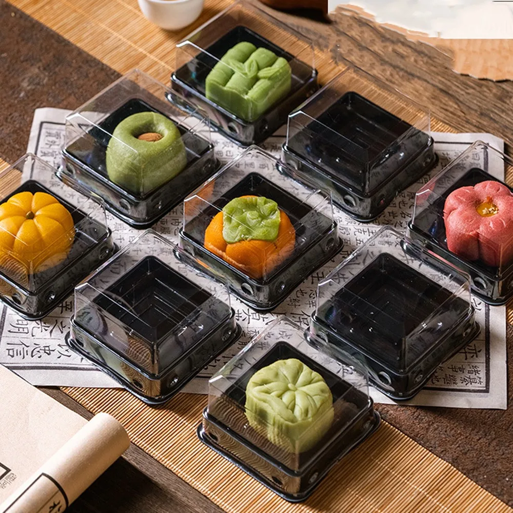 50Pcs Moon Cake Boxes, Square Plastic Cupcake and Muffin Containers, Transparent Pastry Display Boxes, 50/80/100g Clear Dessert Packaging Holders for Wedding, Birthday, Party, and Bakery Supplies