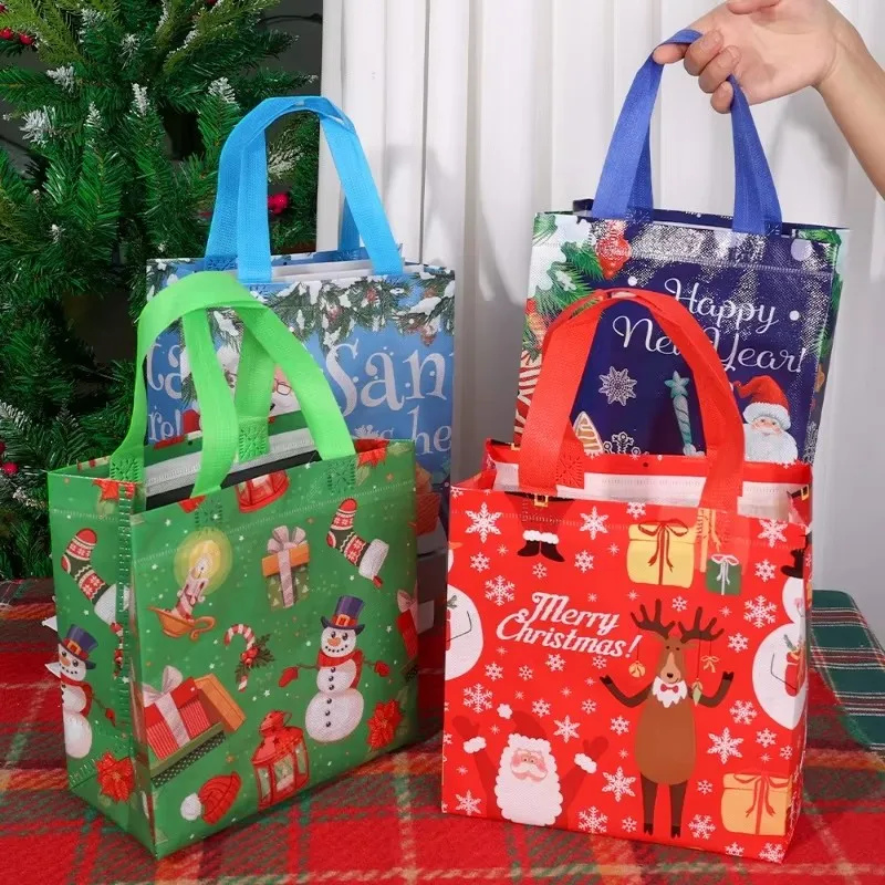 2Pcs Dark Blue Christmas Gift Bags | Cartoon Santa Elk Printed Non-Woven Handbags | Foldable High-Capacity Storage Bags for Holiday Party Gift Packaging 5