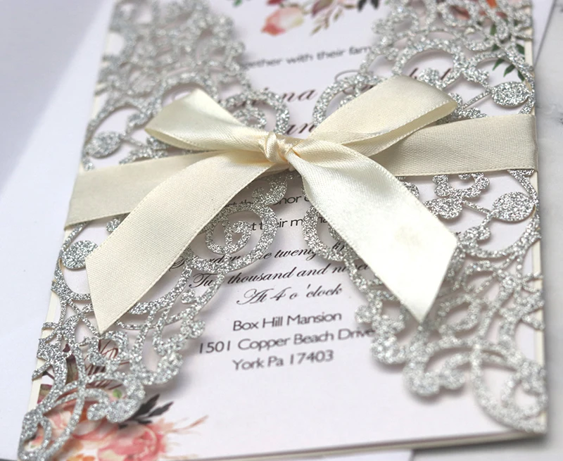 10PCS Laser Cut Blue Glitter Wedding Invitations with Ribbon – Elegant Gold Glitter Greeting Cards for XV Birthday, Bridal Shower, Engagement, Anniversary, or Party Decoration Supplies