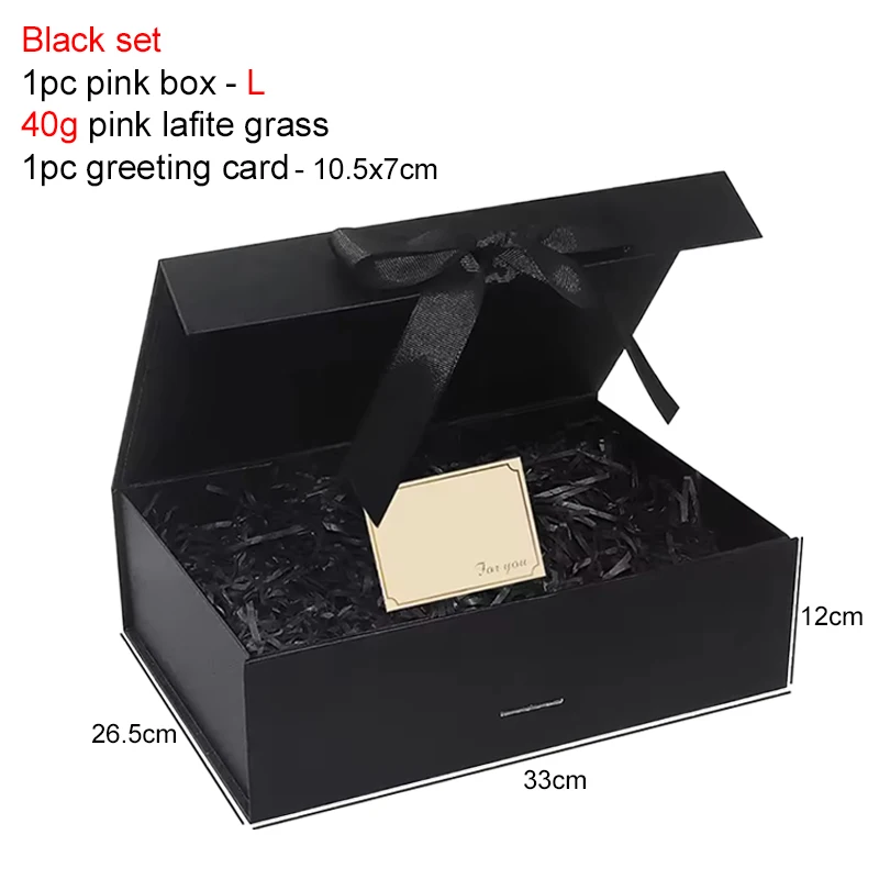 Magnetic Gift Box Kit with Lafite Grass and Greeting Cards, Black and Pink Luxury Folding Gift Box with Lid, Collapsible Paperboard Packaging for Valentine’s Day, Holiday Party, Birthday, Wedding, Anniversary - 图片 10